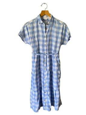 Isaac Mizrahi Gingham Dress 100% Linen Sz XS Midi Shirtdress Tiered Cottagecore